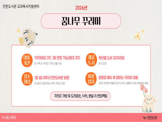 2026년 꿈나무 꾸러미 대출 안내
(※ 꿈나무 꾸러미 : 교과독서지원센터 교과연계도서 목록을 토대로 학년별, 과목별 추천도서 5권을 한 꾸러미로 구성)
 
○ 운영기간 : 2026년 1~12월
○ 운영장소 : 인천도서관 꿈나무터 안내데스크
○ 운영대상 : 인천도서관 회원
○ 이용절차 : 회원증 제시 후 원하는 꾸러미 대출(단, 5권이 한번에 대출되므로 한 권도 대출하지 않은 회원증 필요)