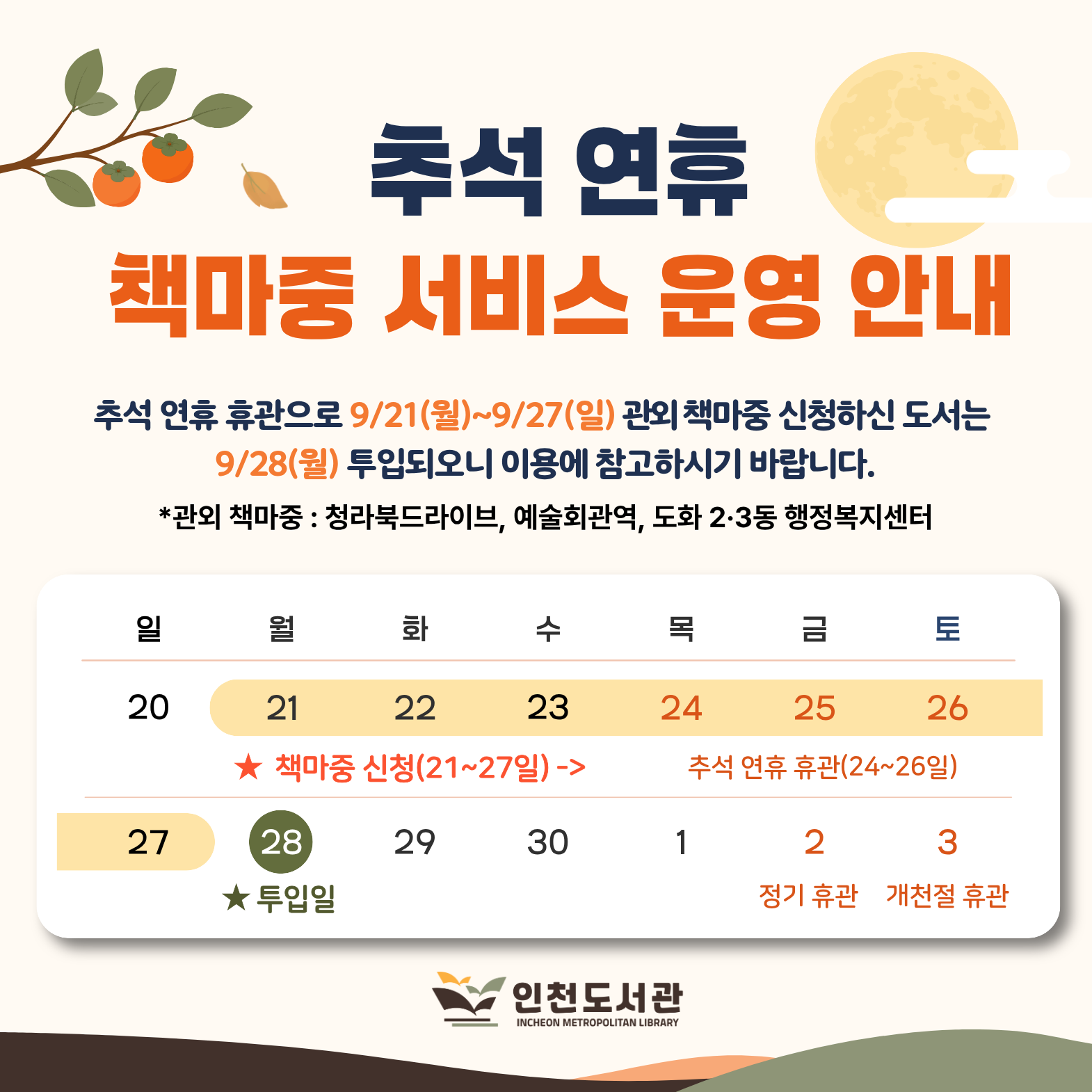 ​​​​​​​추석 연휴 휴관으로 9월21일(월)부터 9월27일(일)까지 관외 책마중 신청하신 도서는 9월28일(월)에 투입되오니 이용에 참고하시기 바랍니다.